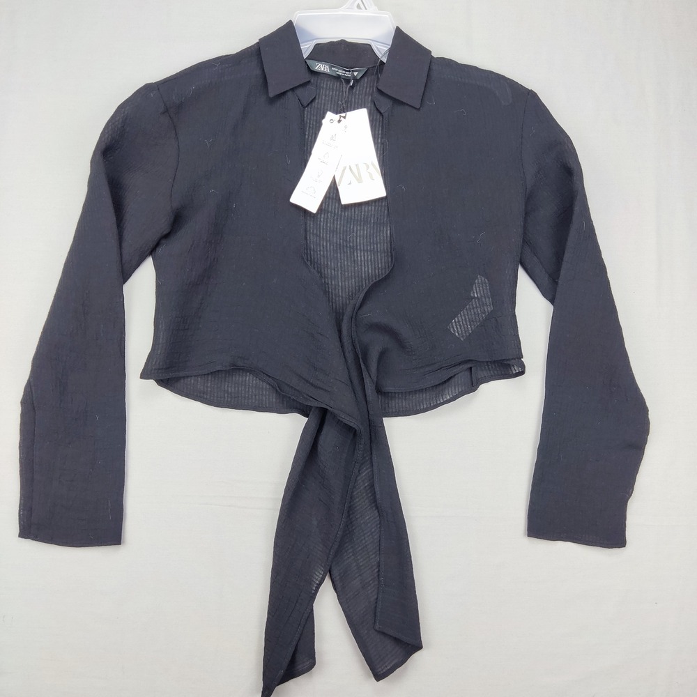 Zara Blouse Womens XS‎ Black Tie Front Cropped Sheer Long Sleeve 2180/050/800